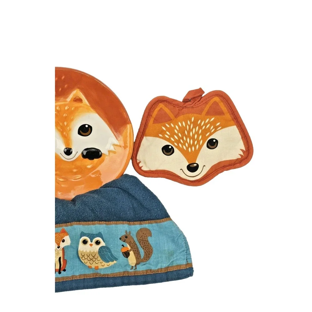 Fall Fox Design Kitchen Matching Set Towel Potholder Oven Mit Dish Plate Decor
